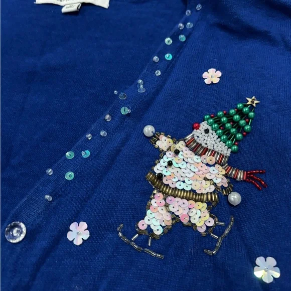 Vintage Blue Cardigan with Festive/Holiday Beading - Picture 3 of 7